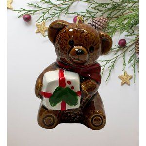 Vintage Teddy Bear Christmas Tree Ornament Ceramic Japan Holding Gift